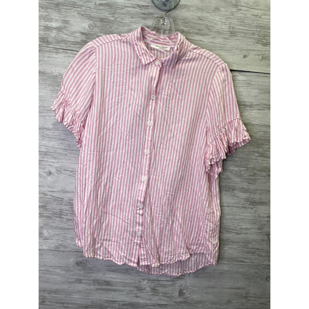 Beach Lunch‎ Lounge Top Size S Womens Pink White Striped Short Sleeve Button Up